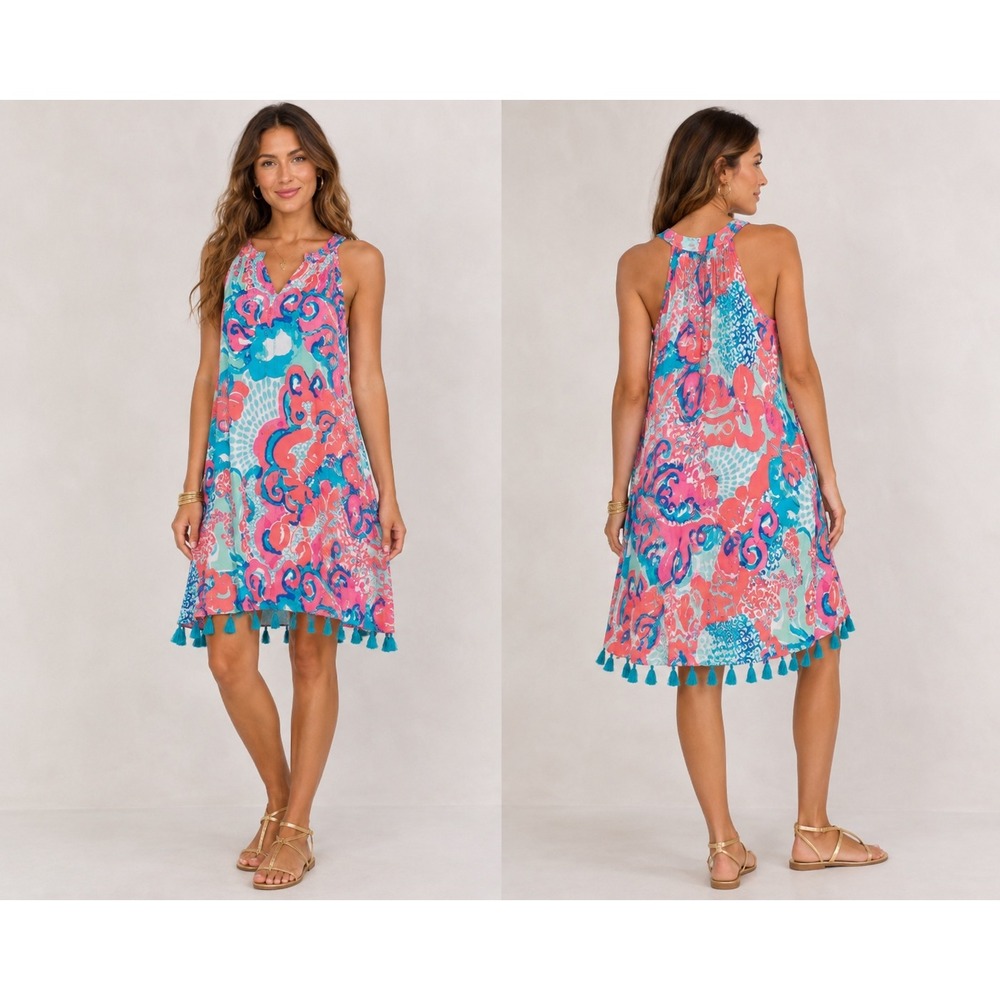 Lilly Pulitzer Roxi Dress Tassel Hem Coral Reef Im So Jelly‎ Size S Pink Blue